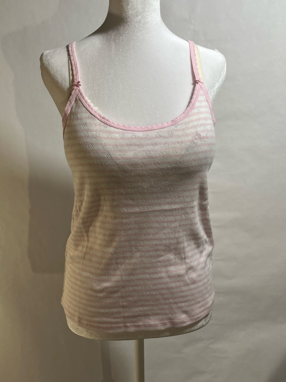 PINK Victoria's Secret Pretty Perfect Cami in Striped Pale Pink with Lace-Trim
